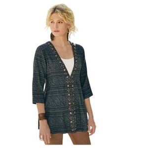 Soft Surroundings Linen Cardigan Womens S Black‎ Tribal Boho Grannycore Eclectic